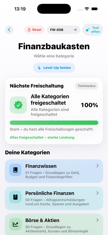 Kategorien in der Finanzbaukasten-App im hellen Modus
