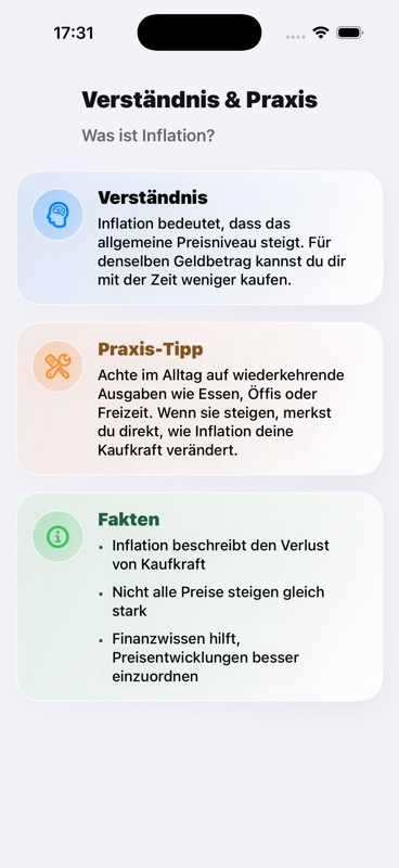 Verständnis und Praxis in der Finanzbaukasten-App