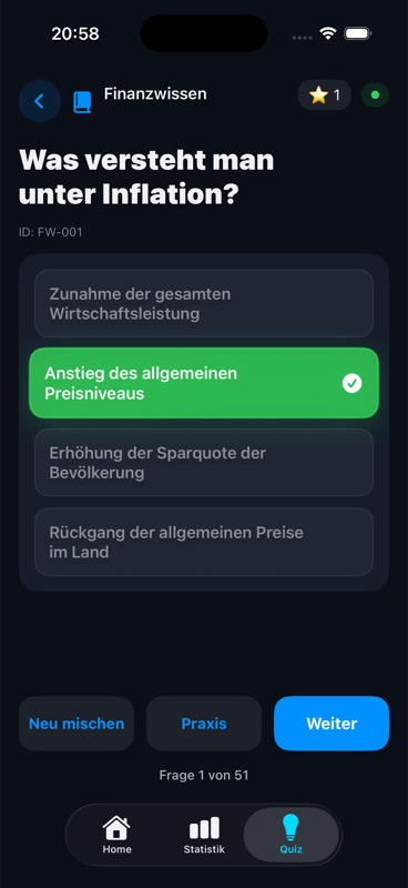 Quizfrage mit Feedback in der Finanzbaukasten-App
