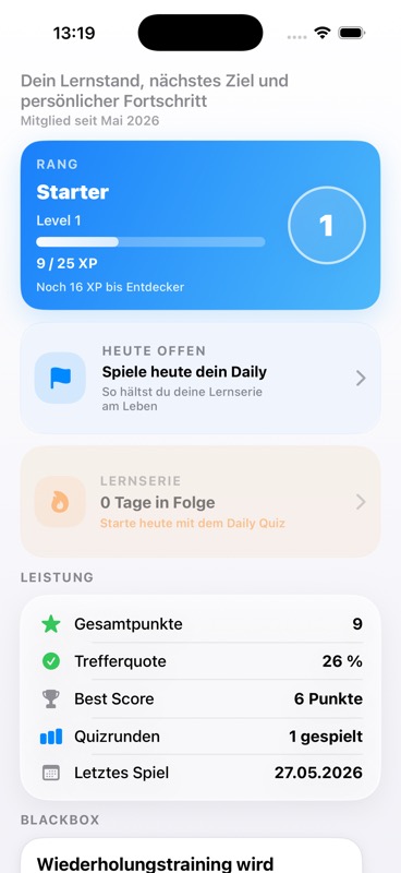 Statistik und Fortschritt in der Finanzbaukasten-App im hellen Modus
